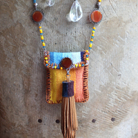 How you Shine Necklace with Hand Stitched & Beaded Antique Serape Textile Pouch, NA Seed Bead Chain,Faceted Rock Quartz Drops,Success Stone & More!