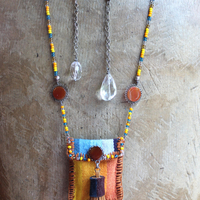 How you Shine Necklace with Hand Stitched & Beaded Antique Serape Textile Pouch, NA Seed Bead Chain,Faceted Rock Quartz Drops,Success Stone & More!