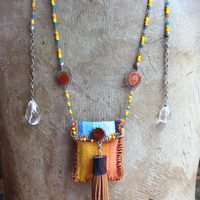 How you Shine Necklace with Hand Stitched & Beaded Antique Serape Textile Pouch, NA Seed Bead Chain,Faceted Rock Quartz Drops,Success Stone & More!
