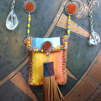 How you Shine Necklace with Hand Stitched & Beaded Antique Serape Textile Pouch, NA Seed Bead Chain,Faceted Rock Quartz Drops,Success Stone & More!