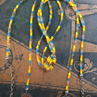 How you Shine Necklace with Hand Stitched & Beaded Antique Serape Textile Pouch, NA Seed Bead Chain,Faceted Rock Quartz Drops,Success Stone & More!