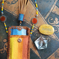 How you Shine Necklace with Hand Stitched & Beaded Antique Serape Textile Pouch, NA Seed Bead Chain,Faceted Rock Quartz Drops,Success Stone & More!