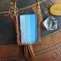How you Shine Necklace with Hand Stitched & Beaded Antique Serape Textile Pouch, NA Seed Bead Chain,Faceted Rock Quartz Drops,Success Stone & More!