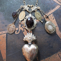 Antique Engraved Ex Voto Necklace with Amazing Faceted Blood of Christ Garnet,Marian Locket,Antique Medals & More!
