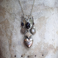 Antique Engraved Ex Voto Necklace with Amazing Faceted Blood of Christ Garnet,Marian Locket,Antique Medals & More!