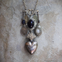 Antique Engraved Ex Voto Necklace with Amazing Faceted Blood of Christ Garnet,Marian Locket,Antique Medals & More!