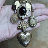 Antique Engraved Ex Voto Necklace with Amazing Faceted Blood of Christ Garnet,Marian Locket,Antique Medals & More!