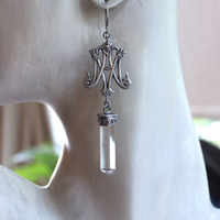 Ave Maria Earrings with Intricate Freres Brothers AM Medals,Sterling Capped Clear Quartz Points,Sterling Handwrought Earrings Hooks