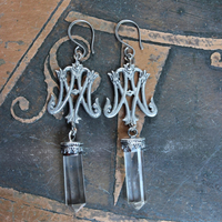 Ave Maria Earrings with Intricate Freres Brothers AM Medals,Sterling Capped Clear Quartz Points,Sterling Handwrought Earrings Hooks