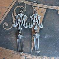 Ave Maria Earrings with Intricate Freres Brothers AM Medals,Sterling Capped Clear Quartz Points,Sterling Handwrought Earrings Hooks