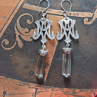 Ave Maria Earrings with Intricate Freres Brothers AM Medals,Sterling Capped Clear Quartz Points,Sterling Handwrought Earrings Hooks