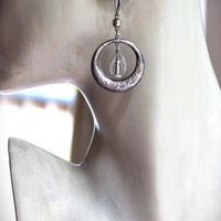 Beautiful Antique French Engraved Sterling Hoop Earrings with Tiny Antique French Marian Medals, Sterling Beads and Sterling Lever back Earring Wires