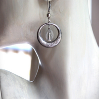 Beautiful Antique French Engraved Sterling Hoop Earrings with Tiny Antique French Marian Medals, Sterling Beads and Sterling Lever back Earring Wires