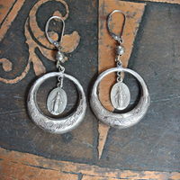 Beautiful Antique French Engraved Sterling Hoop Earrings with Tiny Antique French Marian Medals, Sterling Beads and Sterling Lever back Earring Wires