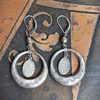 Beautiful Antique French Engraved Sterling Hoop Earrings with Tiny Antique French Marian Medals, Sterling Beads and Sterling Lever back Earring Wires