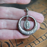 Beautiful Antique French Engraved Sterling Hoop Earrings with Tiny Antique French Marian Medals, Sterling Beads and Sterling Lever back Earring Wires