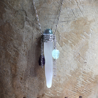 NEW! I Wish I could Show You Necklace with Fluorite Capped Selenite Wand, Faceted Fluorite Stones, Silver Bead Point Chain and Fringe