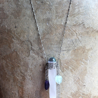 NEW! I Wish I could Show You Necklace with Fluorite Capped Selenite Wand, Faceted Fluorite Stones, Silver Bead Point Chain and Fringe