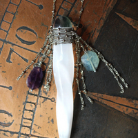 NEW! I Wish I could Show You Necklace with Fluorite Capped Selenite Wand, Faceted Fluorite Stones, Silver Bead Point Chain and Fringe