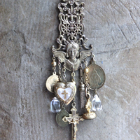 Watch Over You Necklace with Unique Angel Finding,RARE All Seeing Eye Gilt Wax Seal,Antique Medals,Vintage Heart Locket,Faceted Rock Crystal Drops & More!