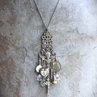 Watch Over You Necklace with Unique Angel Finding,RARE All Seeing Eye Gilt Wax Seal,Antique Medals,Vintage Heart Locket,Faceted Rock Crystal Drops & More!