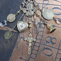 Watch Over You Necklace with Unique Angel Finding,RARE All Seeing Eye Gilt Wax Seal,Antique Medals,Vintage Heart Locket,Faceted Rock Crystal Drops & More!