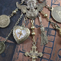 Watch Over You Necklace with Unique Angel Finding,RARE All Seeing Eye Gilt Wax Seal,Antique Medals,Vintage Heart Locket,Faceted Rock Crystal Drops & More!