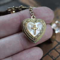 Watch Over You Necklace with Unique Angel Finding,RARE All Seeing Eye Gilt Wax Seal,Antique Medals,Vintage Heart Locket,Faceted Rock Crystal Drops & More!