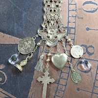 Watch Over You Necklace with Unique Angel Finding,RARE All Seeing Eye Gilt Wax Seal,Antique Medals,Vintage Heart Locket,Faceted Rock Crystal Drops & More!