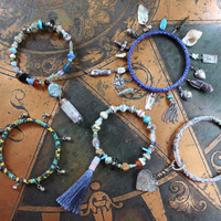 Endless Bounty Bangle Set with Antique Kantha Textile, Multiple Faceted Gemstones & Turquoise, Unique Dangles and Drops!