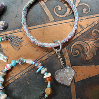 Endless Bounty Bangle Set with Antique Kantha Textile, Multiple Faceted Gemstones & Turquoise, Unique Dangles and Drops!