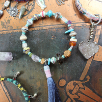Endless Bounty Bangle Set with Antique Kantha Textile, Multiple Faceted Gemstones & Turquoise, Unique Dangles and Drops!