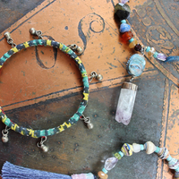 Endless Bounty Bangle Set with Antique Kantha Textile, Multiple Faceted Gemstones & Turquoise, Unique Dangles and Drops!