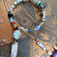 Endless Bounty Bangle Set with Antique Kantha Textile, Multiple Faceted Gemstones & Turquoise, Unique Dangles and Drops!