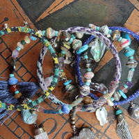 Endless Bounty Bangle Set with Antique Kantha Textile, Multiple Faceted Gemstones & Turquoise, Unique Dangles and Drops!