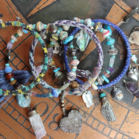 Endless Bounty Bangle Set with Antique Kantha Textile, Multiple Faceted Gemstones & Turquoise, Unique Dangles and Drops!