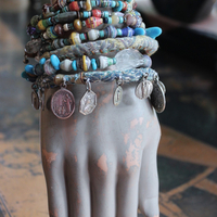 Endless Bounty II Bangle Set with Antique Kantha Textile, Antique Medals, Multiple Faceted Gemstones & Turquoise, Unique Dangles and Drops!
