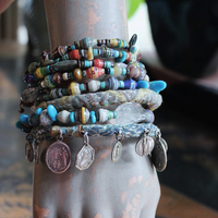 Endless Bounty II Bangle Set with Antique Kantha Textile, Antique Medals, Multiple Faceted Gemstones & Turquoise, Unique Dangles and Drops!