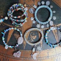 Endless Bounty II Bangle Set with Antique Kantha Textile, Antique Medals, Multiple Faceted Gemstones & Turquoise, Unique Dangles and Drops!