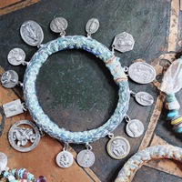 Endless Bounty II Bangle Set with Antique Kantha Textile, Antique Medals, Multiple Faceted Gemstones & Turquoise, Unique Dangles and Drops!