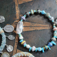 Endless Bounty II Bangle Set with Antique Kantha Textile, Antique Medals, Multiple Faceted Gemstones & Turquoise, Unique Dangles and Drops!