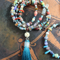 Endless Bounty II Bangle Set with Antique Kantha Textile, Antique Medals, Multiple Faceted Gemstones & Turquoise, Unique Dangles and Drops!
