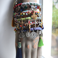 Joyful Deliverance Wrap Bracelet with Hand Stitched Kantha,Dozens of Antique Medals, Crosses, Faceted Crystals & Art Deco Glass Beads
