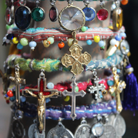 Joyful Deliverance Wrap Bracelet with Hand Stitched Kantha,Dozens of Antique Medals, Crosses, Faceted Crystals & Art Deco Glass Beads
