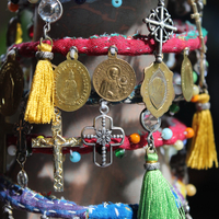Joyful Deliverance Wrap Bracelet with Hand Stitched Kantha,Dozens of Antique Medals, Crosses, Faceted Crystals & Art Deco Glass Beads