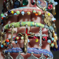 Joyful Deliverance Wrap Bracelet with Hand Stitched Kantha,Dozens of Antique Medals, Crosses, Faceted Crystals & Art Deco Glass Beads