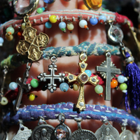 Joyful Deliverance Wrap Bracelet with Hand Stitched Kantha,Dozens of Antique Medals, Crosses, Faceted Crystals & Art Deco Glass Beads