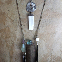 As Fine as Soul Necklace Set with Fluorite Capped Selenite Wand & Pouch, Twilight Goddess Medal, Sterling Capped Raven Wing & Black Tourmaline + More!