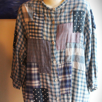 Magnolia Pearl Flannel Cotton Patchwork Shirt with Hand Stitching, Fabric Covered Buttons and 3 Quarter Length Sleeves