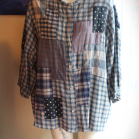 Magnolia Pearl Flannel Cotton Patchwork Shirt with Hand Stitching, Fabric Covered Buttons and 3 Quarter Length Sleeves